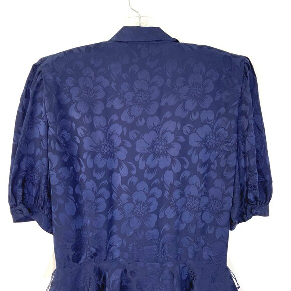New Vintage Argenti Silk Floral Jacquard  Navy/Purple Peplum Blouse Size 8 - Picture 7 of 16